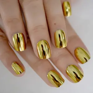 24pcs Short Square Glossy Nail Tips, Trendy European Style Metal False Nails, Easy to Apply, Long-Lasting, Perfect for Parties