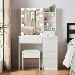Vanity Set with Sliding LED Mirror Lights Dressing Makeup Table Drawer and Stool hidden Shelves Set