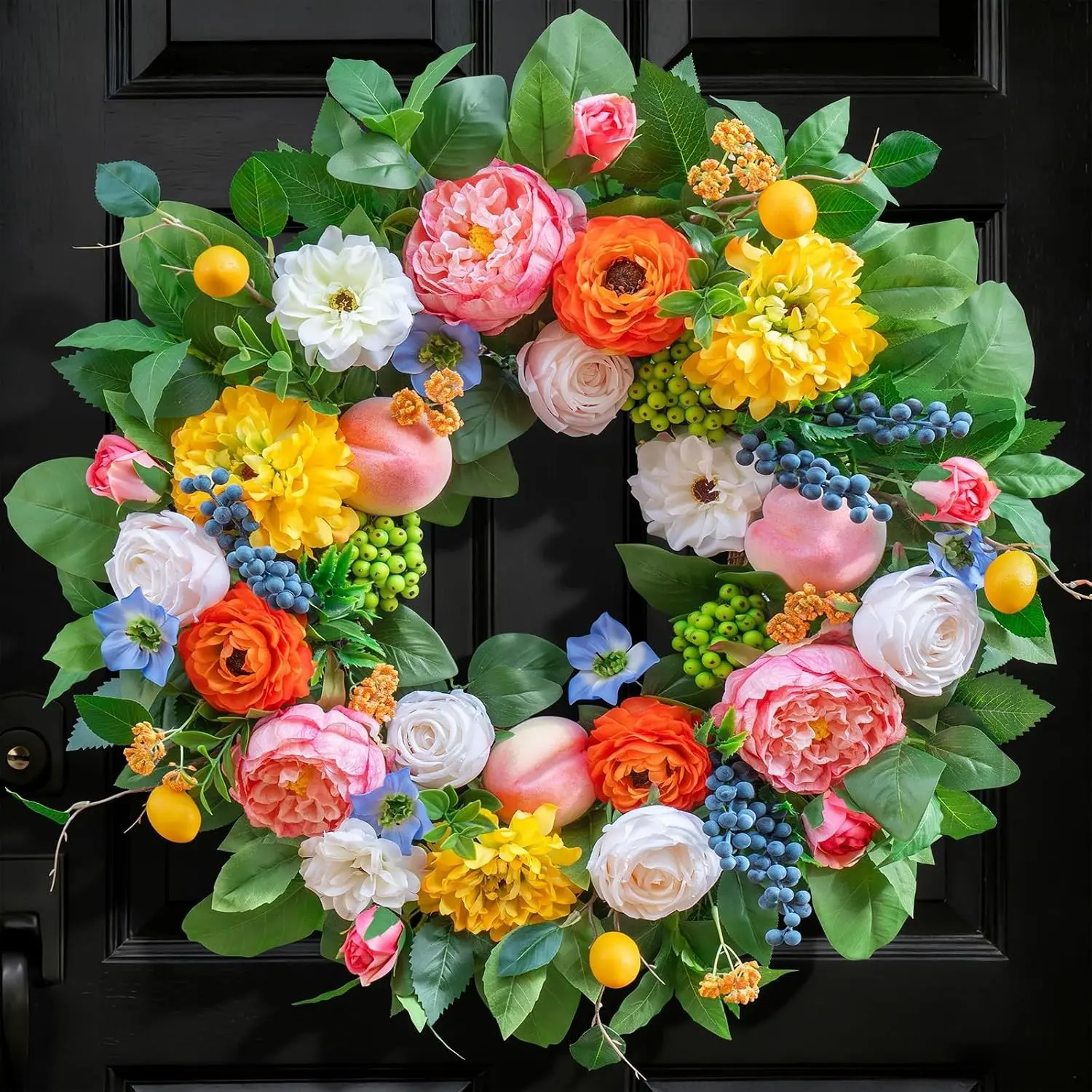 Spring Wreaths for Front Door 24 Inch Vibrant Spring Summer Wreath with Peonies,Roses,Marigolds,Blueberries & Realistic Fruit Accents (Peach, Lemon) Ideal for Porch Entryway Wall Window