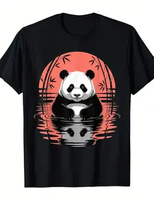 Men'S & Women'S Retro Panda Bear Graphic T-Shirt - with Red Sunset Panda & Rayon Design, Soft Breathable, Casual Streetwear Round Neck Short Sleeve Tee for Casual Attire & Outdoor Activities, Unisex Adult Sizes, All-Season Comfort Fit