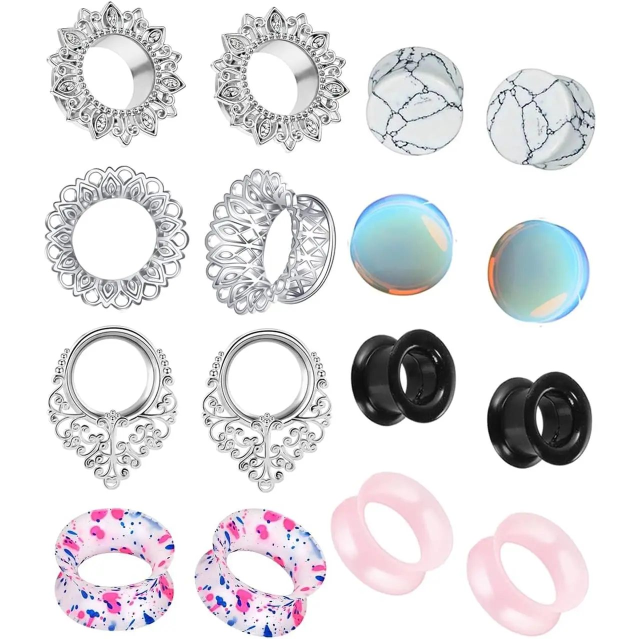 8 Pairs Earrings Jewelry Multi-Size Ear Stacking Kit - Stainless Steel Ear Tunnels, Silicone Gauges, Brass Hollow Plugs, Glass Piercings Stretcher (6mm=2g, 8mm=0g, 5/8)