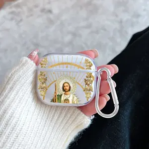 Divine Saintly Radiance Pattern Protective Case for AirPods 4/3/2/1/Pro/Pro2 Soft TPU Earphone Cover, Transparent with Keychain