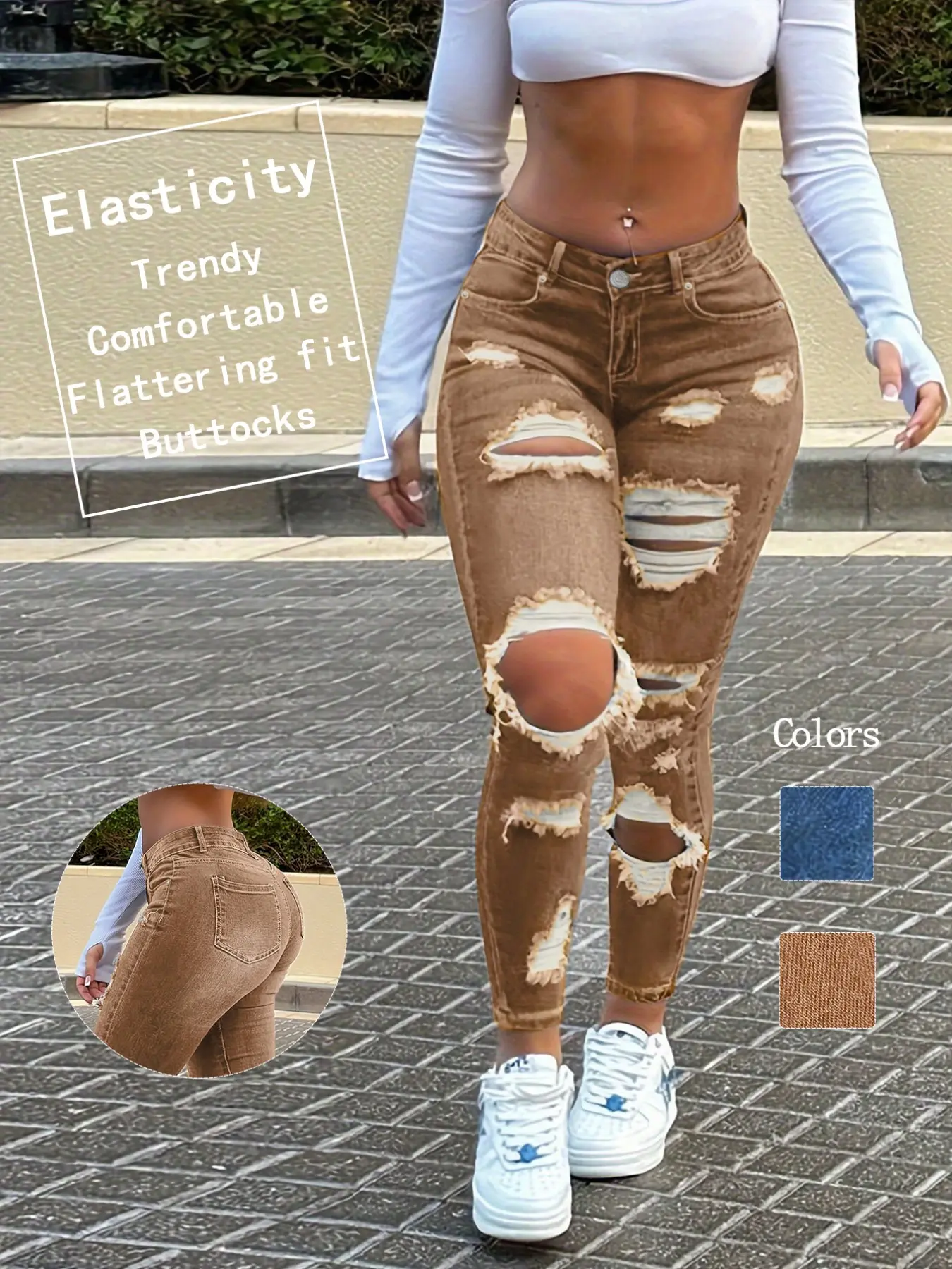Women's Trendy Streetwear Casual Fitted Ripped Denim Clothing Denim Jeans Spring Summer New Arrival, Ripped Design Slim Fitted Fit High Elasticity Long Pants, Soft Comfortable Fashion Jeans Button, Distressed Skinny Jeans