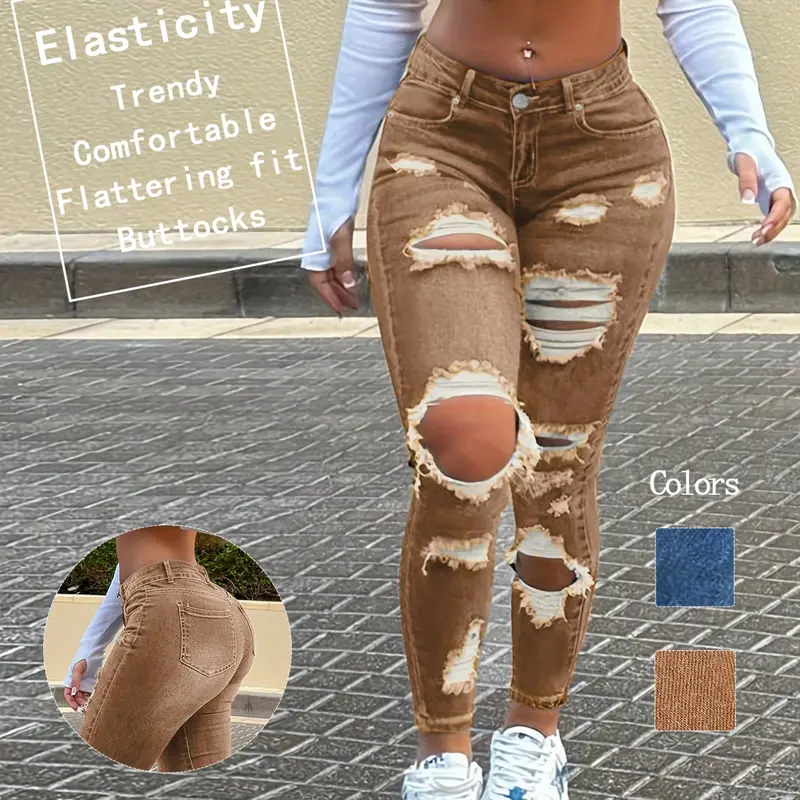 Women's Trendy Streetwear Casual Fitted Ripped Denim Clothing Denim Jeans Spring Summer New Arrival, Ripped Design Slim Fitted Fit High Elasticity Long Pants, Soft Comfortable Fashion Jeans Button, Distressed Skinny Jeans