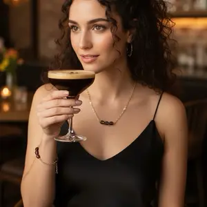 18K Gold Plated 3 Piece Espresso Martini bean jewelry set. Hoop earrings, bracelet, necklace.