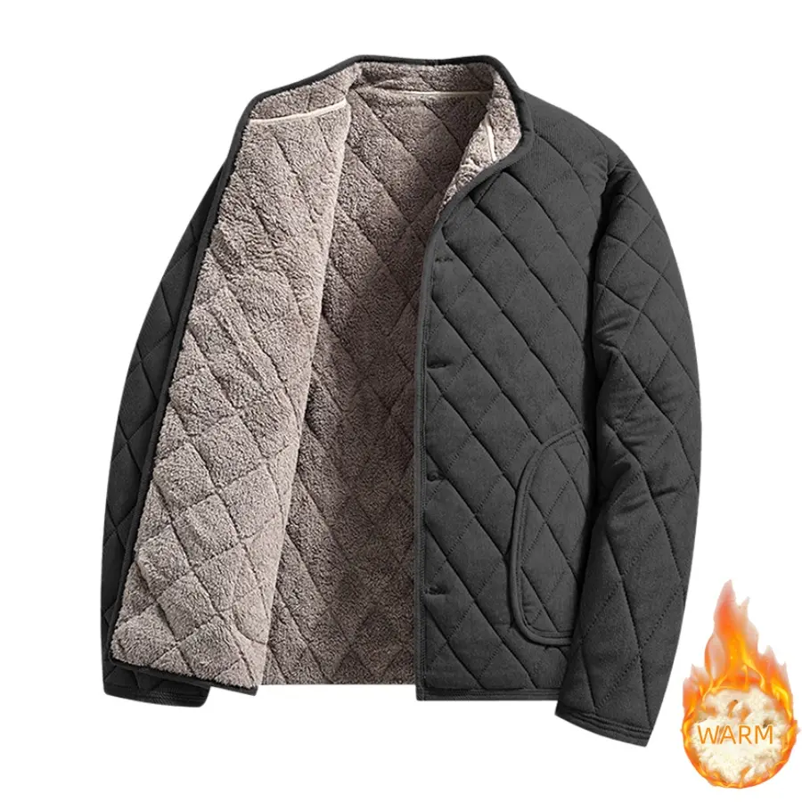 One men’s dark gray quilted cotton cardigan with a diamond pattern, minimalist everyday style, collarless design, fleece lining, slanted pockets, loose fit, long sleeves—suitable for daily commuting, with a skin-friendly, soft feel.