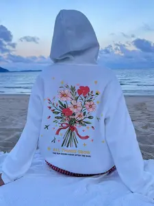 Women's Floral & Letter Print Drop Shoulder Hoodie, Fashion Casual Drawstring Pocket Hooded Sweatshirt for Daily Holiday Outdoor Wear, Ladies Clothes for All Seasons