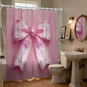 1pc Pink Bow Pattern Shower Curtain with Hooks, Bathroom Divider, Wall and Bathtub Decor, Perfect Valentine's Day Gift