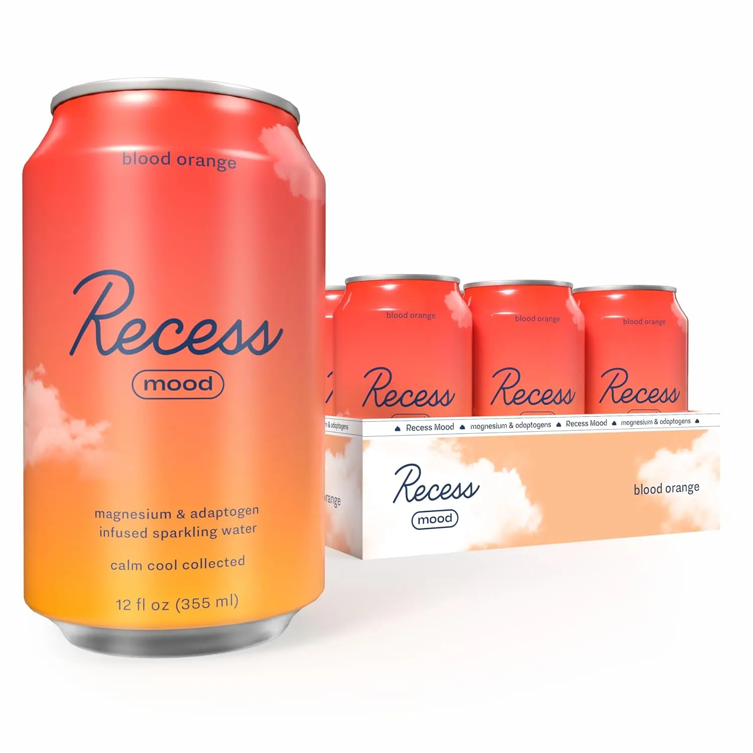 Recess Mood Magnesium & Adaptogen Sparkling Drink | Blood Orange Flavor | Functional Relaxation Beverage | Caffeine-Free Wellness Drink | 12 fl oz | Pack of 12