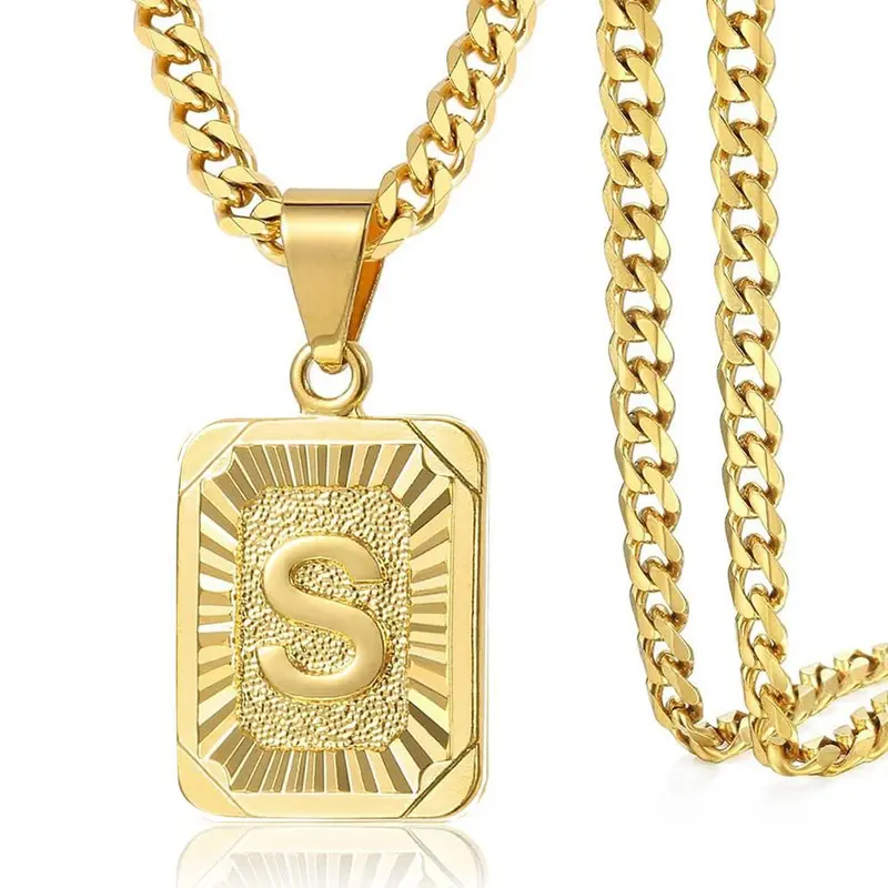 Initial A-Z Pendant Necklace, Men Women Capital Letter Stainless Steel Cuban Chain, 18-24 Inch Chain Necklace