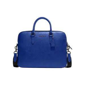 COACH Liam 33 Monogram Logo Zip-Top Leather Briefcase for Men, Large, Navy Blue