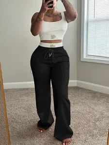 Women's High-Waisted Drawstring Wide-Leg Pants Set, Fashionable European & American Style Sporty Tank Top, Comfortable All-Season Wear, Athleisure Wear Set