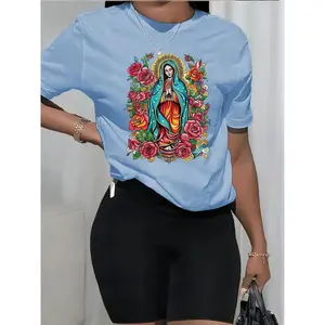 100% Cotton T-Shirt for Women Virgin Mary - Guadalupe Floral Print Party Top - Soft and Breathable for Daily and Halloween Outfits - Machine Washable Catholic Religious Clothing, Festive Pattern Design, Comfortable Fit