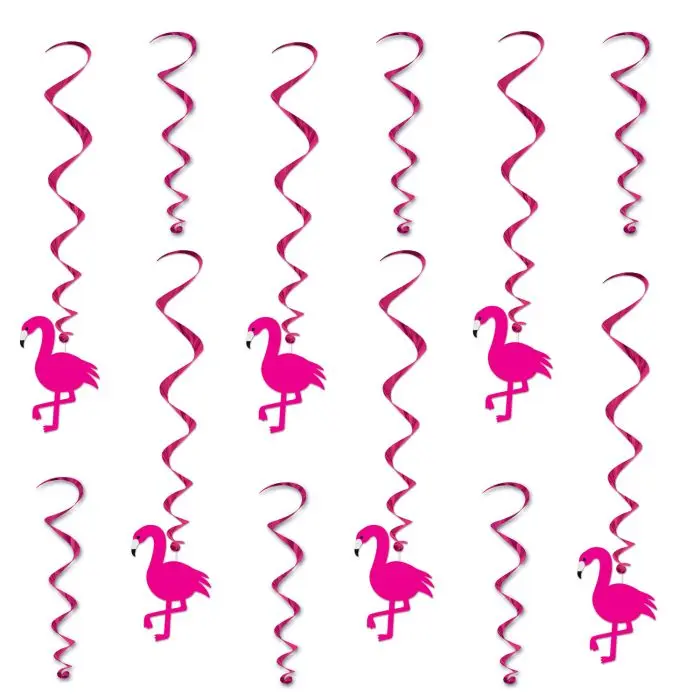 Beistle Plastic Pink Flamingo Hangable Decorative Ornaments - 1 Pack of 12 17in x25.5in Hanging Swirls, Whimsical Home Decor for Festive Home Party Ambiance, Room Decorations