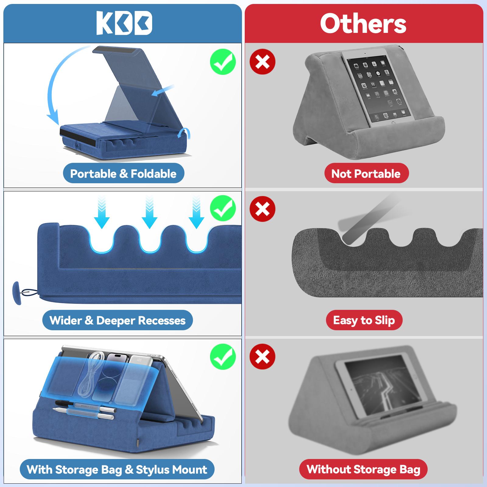KDD Tablet Pillow Holder Foldable iPad Stand for Lap Bed and Desk Tablet Soft Pad Dock with Pocket & Stylus Mount For iPad Pro