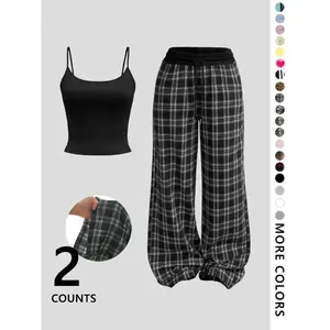 Retro casual women's loose and lazy style straight tube plaid splicing high waist hanging casual sports pants