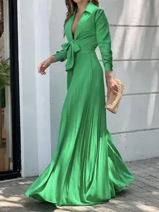 Women's Plain Pleated Knot Front Wide Leg Jumpsuit, Elegant Long Sleeve Collared Jumpsuit For Spring & Fall, Women's Clothes For Work Office Business