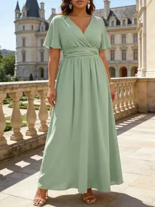 Plus Size Evening Dress, Loose Fit V Neck Flutter Sleeve, European Style Fashion Wedding Bridesmaid Gown, Summer Party Wear