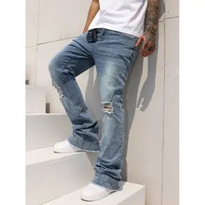 Summer clothes streetwear fashion designer's light blue ripped hole washed elastic slim fit micro flared retro distressed men's jeans with loose edges at the foot