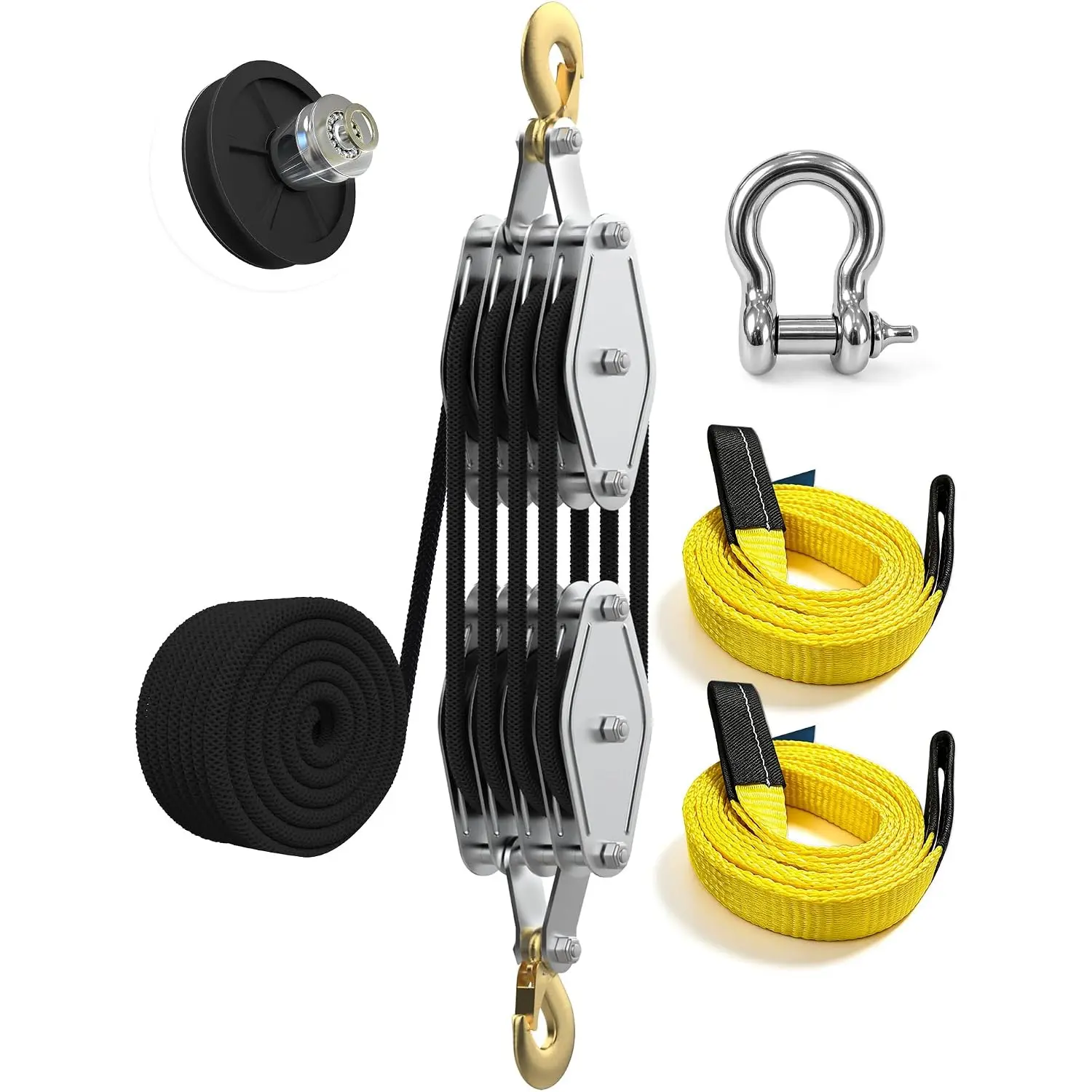 Rope Hoist Pulley Block Tackle System with Straps & Shackle, 4400 LBS Heavy Duty Load Capacity, Smooth Lifting Pulley for Cargo Hauling, Towing, Outdoor Rigging & Construction Work