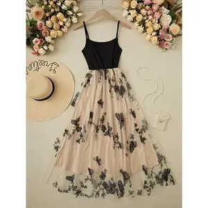 Butterfly & Flower Embroidery Contrast Mesh Splicing Cami Dress With Thin Straps Maxi Vacation Beach Outfits Women