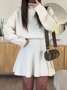 Women's Casual Solid Color Long Sleeve Fitted Two-Piece Set, Sweater Short Skirt, Comfortable and Stylish, Perfect for Daily Wear