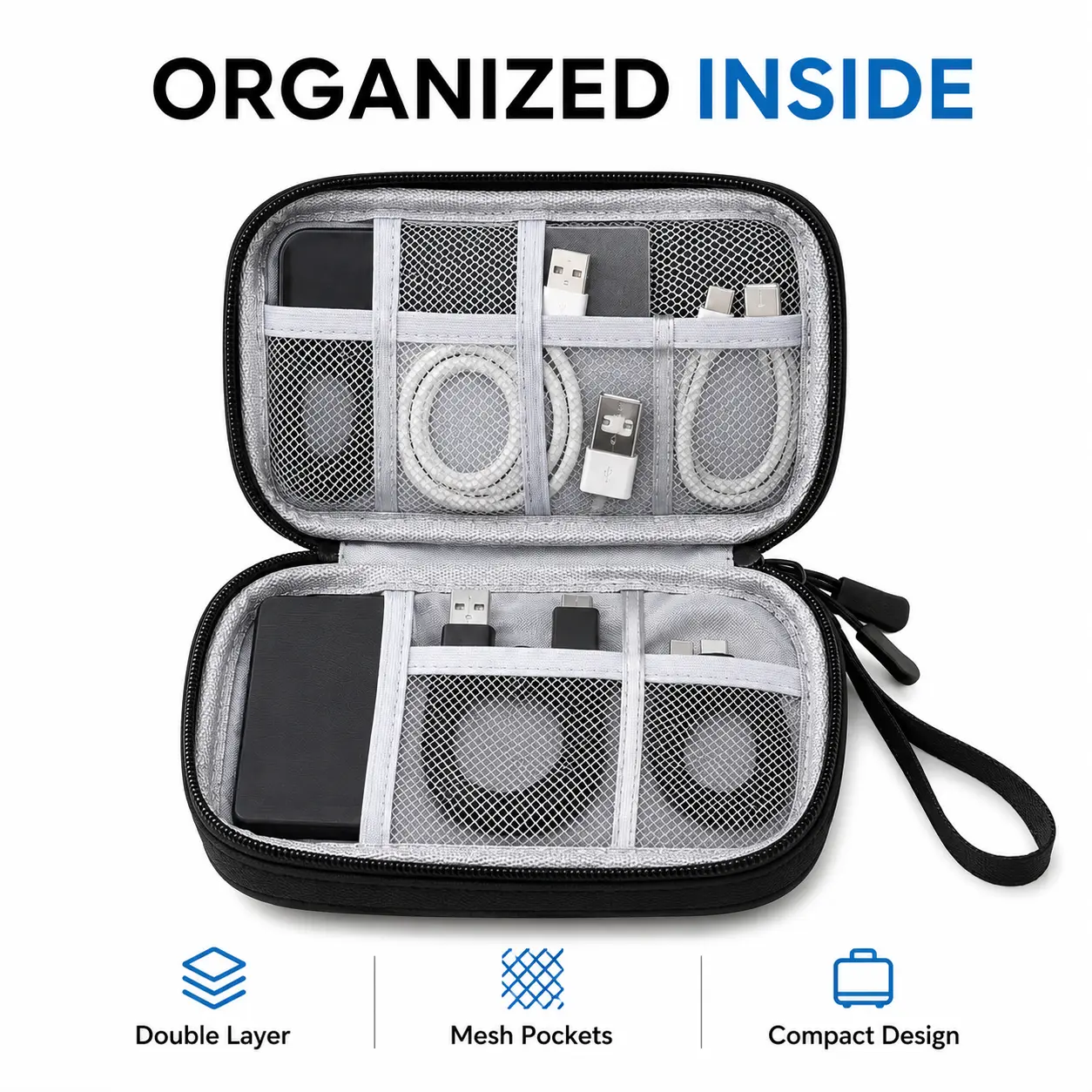 Double-Layer Electronics Organizer Travel Bag, Compact Multi-Compartment Tech Pouch for Chargers, Cables, Earphones, USB Drives, Phone Accessories, Travel Essentials & Desk Organization