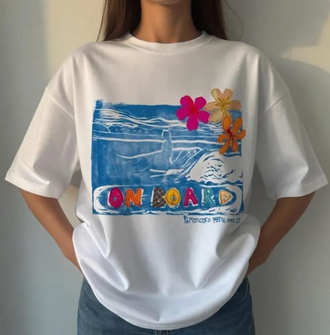 Surf Wave "On Board" Linocut Style Graphic Tee, Beach Surfer T-Shirt