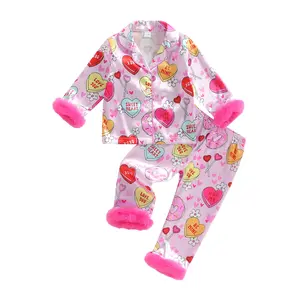 Toddler Baby Girl Valentines Satin Pajamas Set Feather Trim Long/Short Sleeve Button Down Tops Long Pants 2Pcs Pjs Sleepwear Outfits