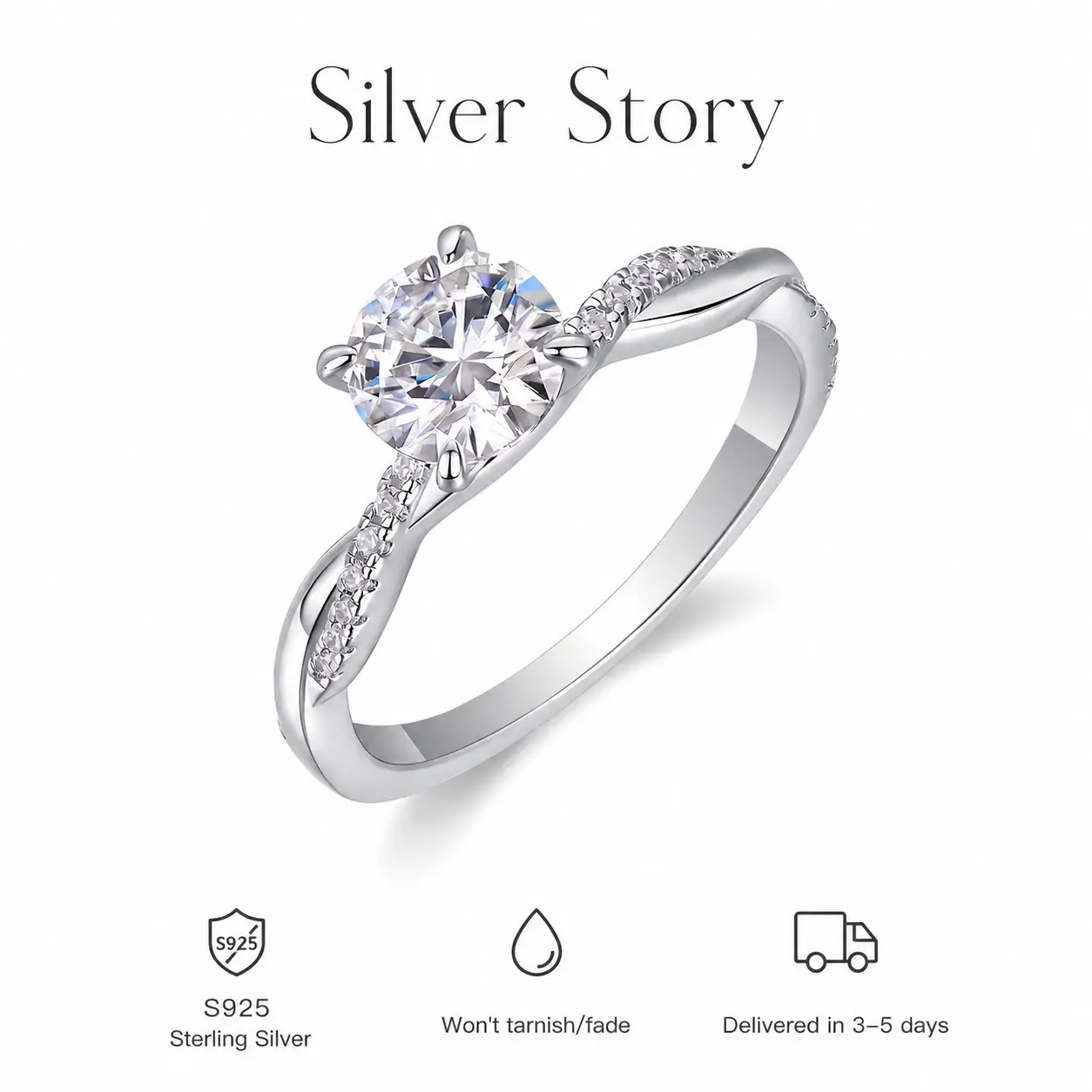 Women's 925 Sterling Silver High Polish Solitaire Promise Ring - 6-Prong Synthetic Diamond CZ, Twisted Paved Side Stone Band, Hypoallergenic, Tarnish Resistant, Anniversary/Birthday Gift, Delivered in 3-5 Days, Bridal/Daily Wear, Valentine's Day, Us 6-10