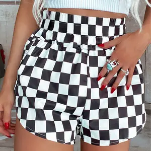 Women's Black Checkered Print High Waist Elastic Casual Shorts