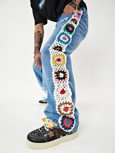Floral Crochet Baggy Jeans Ripped Distressed Jeans Hip Hop Leg Denim Pants Streetwear