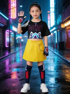 Girls' Festival Set: Costume, Short Sleeve Sweatshirt, Short Skirt, Gloves, Knee Pads, Digital Print, Kpop Halloween, Christmas Party