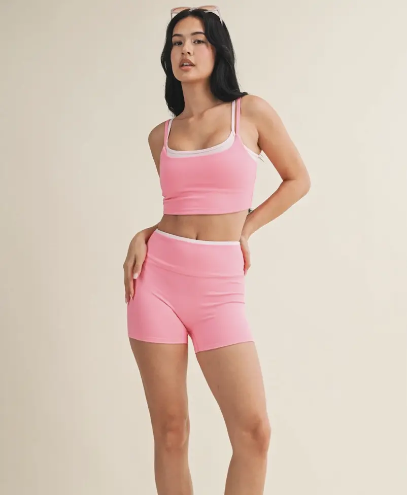 Pink Double Layered Athletic Set Workout Sets Sweatsuit Set Outfit Spring Sportswear Sports Clothing