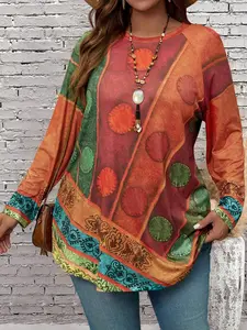 【Plus Size】 Ethnic Pattern Long Sleeve Top, Casual Round Neck Long Shirt Boho Style Shirt for Spring & Fall, Women's Clothes for Daily Wear, Casual Boho Soft