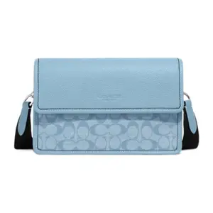 COACH Turner 25 Classic Monogram Flap Bag with Chambray Jacquard and Leather Accents, Medium Size, Light Blue, for Women
