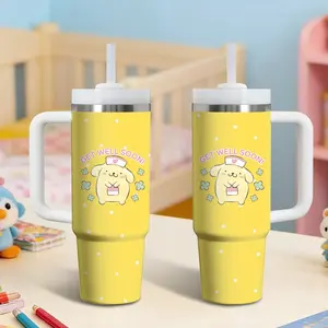 Pompompurin Vacuum Flasks 40oz Stainless Steel Tumbler with Handle & Straw, Vacuum Insulated Travel Mug Keeps Drinks Cold Up to 12 Hours, Leak-Resistant Cup for Iced Coffee, Water, Office, Gym or Travel