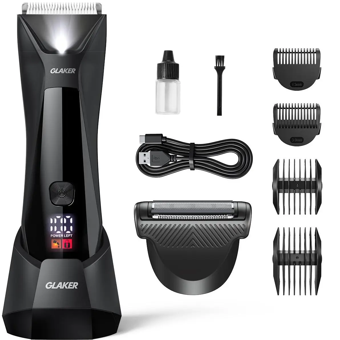 GLAKER Body and Groin Hair Trimmer, Waterproof Electric Shaver with Replaceable Ceramic Blade and Standing Recharge Dock, 2-Hour Battery Life - 6010