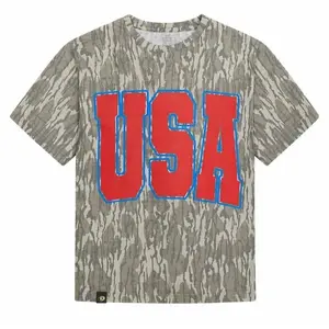 USA Camouflage Tee – Bold Red "USA" Graphic on Camo Print T-Shirt Open for sale!