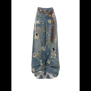 Floral Print Wide-leg Jeans - Retro Y2K High-waist Pants - Trendy Clothing for Women D936