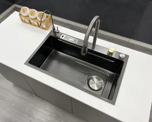 Bronstarz 29.5*18 INCH Nano Black Flying Rain Drop In Stainless Steel Watefall Kitchen Nano Sink w Pull Down Faucet w Storage Rack Set