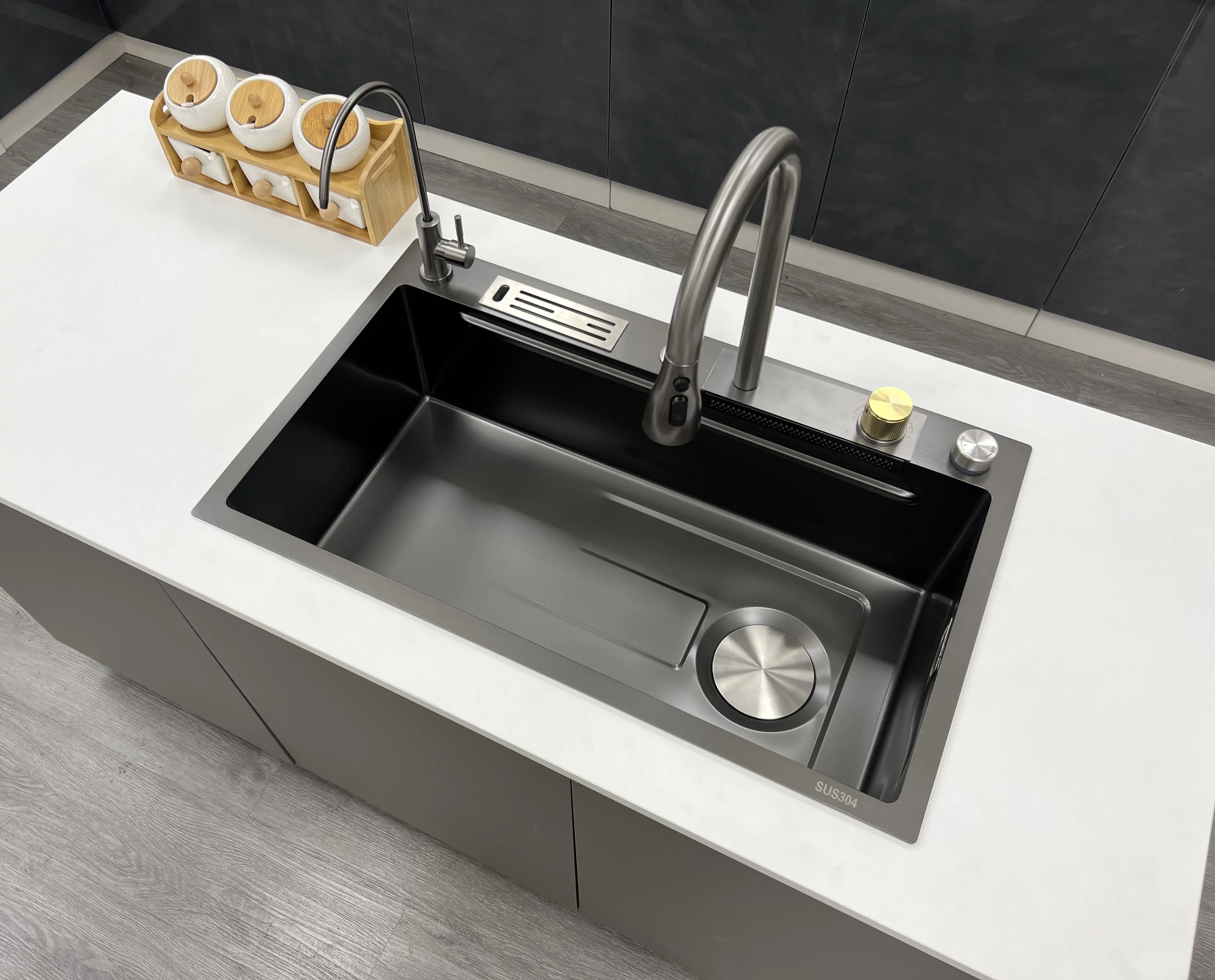 Bronstarz 29.5*18 INCH Nano Black Flying Rain Drop In Stainless Steel Watefall Kitchen Nano Sink w Pull Down Faucet w Storage Rack Set