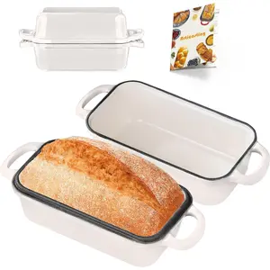 Cast Iron Bread Loaf Pan with Lid 9x5 Enameled Loaf Pans for Baking Homemade Bread Sourdough Set of 2 Cream