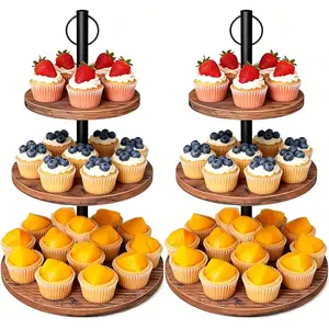 2 Pack Rustic Wood 3 Tier Round Cupcake Stand Tiered Tray Tower, Industrial Wooden Serving Stand for Dessert Table Display Wedding Graduation and Baby Shower