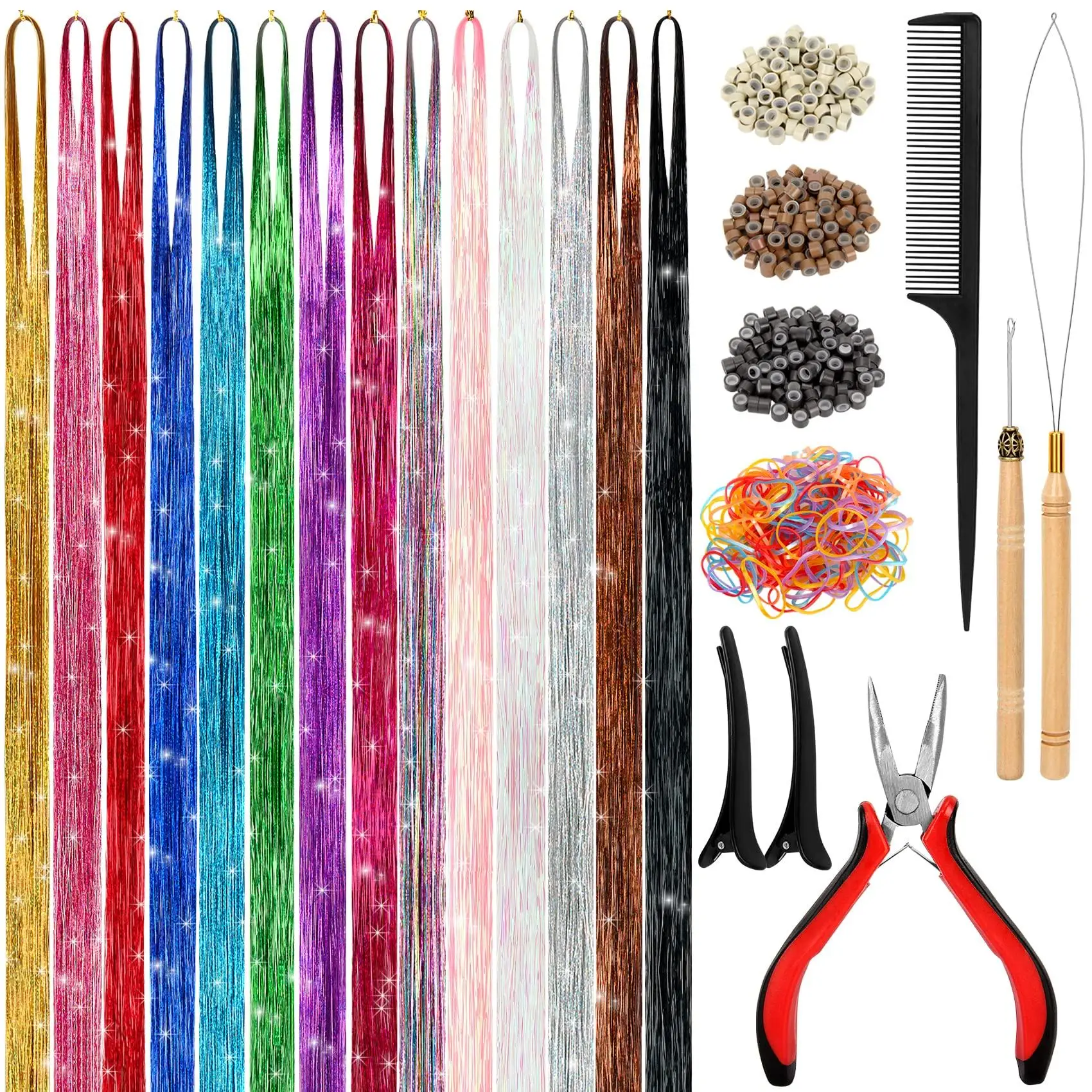 14-Color Hair Tinsel Kit Include 3500 strands, Tinsel Hair Extensions with Silicone Link Rings & Rubber Bands, Specific Color Heat Resistance Fairy Ha
