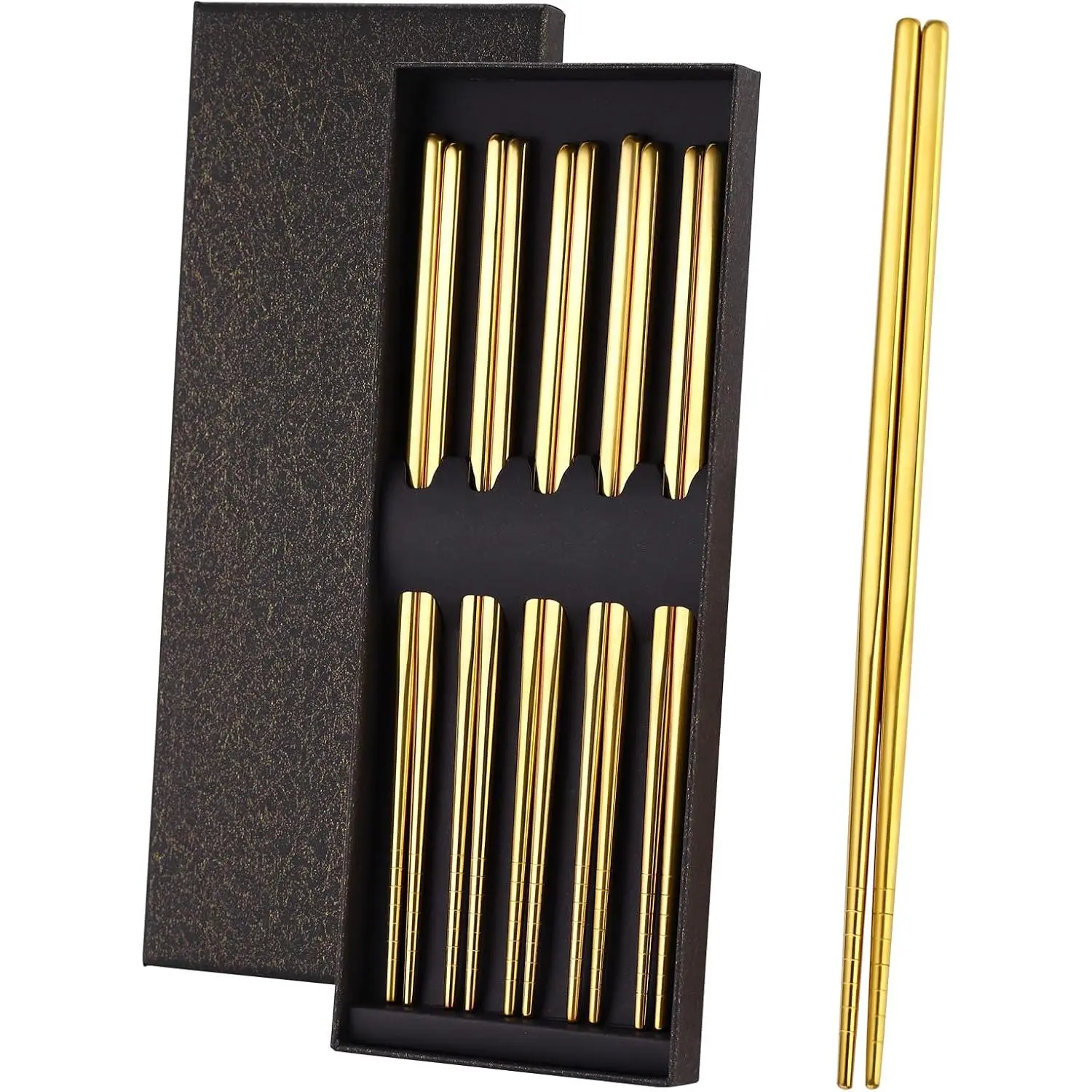 Gold Stainless Steel Chopsticks - Reusable Chopsticks - 5 Pairs Dishwasher Safe Metal Chopsticks - Easy to Use -  Line Lightweight Chop Sticks- Gift Set(9 Inch )