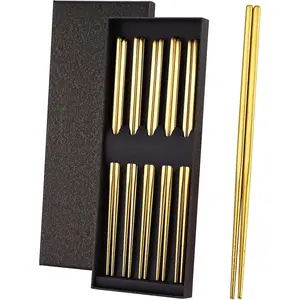 Gold Stainless Steel Chopsticks - Reusable Chopsticks - 5 Pairs Dishwasher Safe Metal Chopsticks - Easy to Use -  Line Lightweight Chop Sticks- Gift Set(9 Inch )