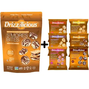 Mini Sized – 0.74 oz Bags – Drizzilicious Cookies & Cream, S’mores, Cinnamon Swirl, Salted Caramel, Birthday Cake & French Toast Bites + Single 4 oz S’mores Bag – 6-Pack Snack-Size Single-Serve Rice Crisps, Healthy Gluten-Free Vegan Treats