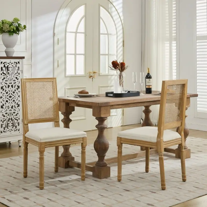 Set of 2 French Decor Louis Dining Chairs, Exquisitely Carved Solid Wood Frame, Square Rattan Backrest Indoor Furniture for Living Room, Kitchen, Exquisite Carving