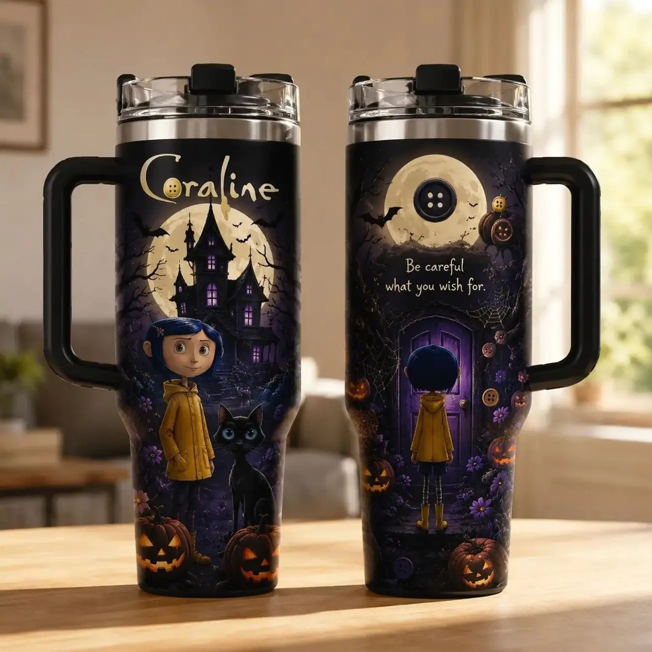 Halloween Coraline Inspired 40oz Stainless Steel Tumbler, Spooky Gothic Travel Mug, Double Wall Vacuum Insulated Cup, Fall Horror Gift